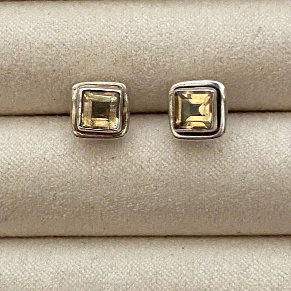 Vintage 925 Sterling Silver Citrine Gemstone Square Stud Earrings - Picture 7 of 15